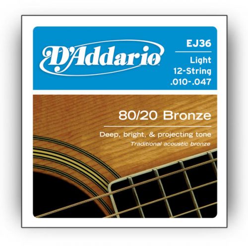 Струни для гітари D`ADDARIO EJ36 80/20 BRONZE LIGHT 12-STRING 10-47