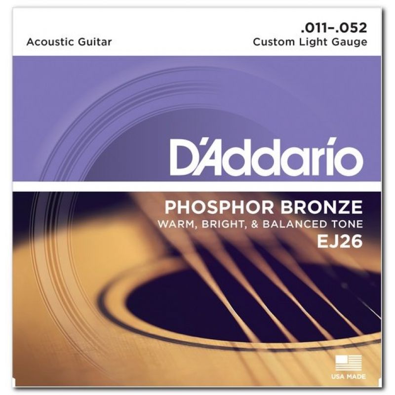 Струны для гитары D`ADDARIO EJ26 PHOSPHOR BRONZE CUSTOM LIGHT 11-52